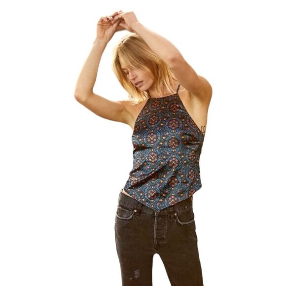 Free People Easy Breezy Silky Floral Tie-Back Cami | Hanky Hem Boho sz S NWT - Picture 4 of 11